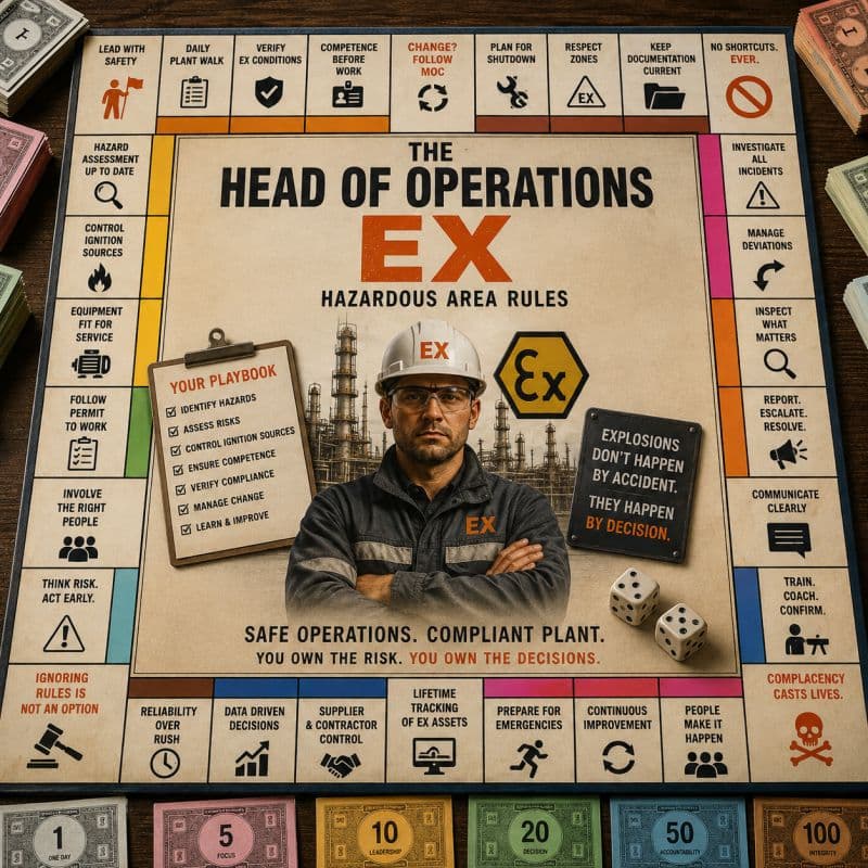 A Monopoly-style board game titled 'The Head of Operations Ex Hazardous Area Rules,' with safety principles around the edge and a worker in the center.