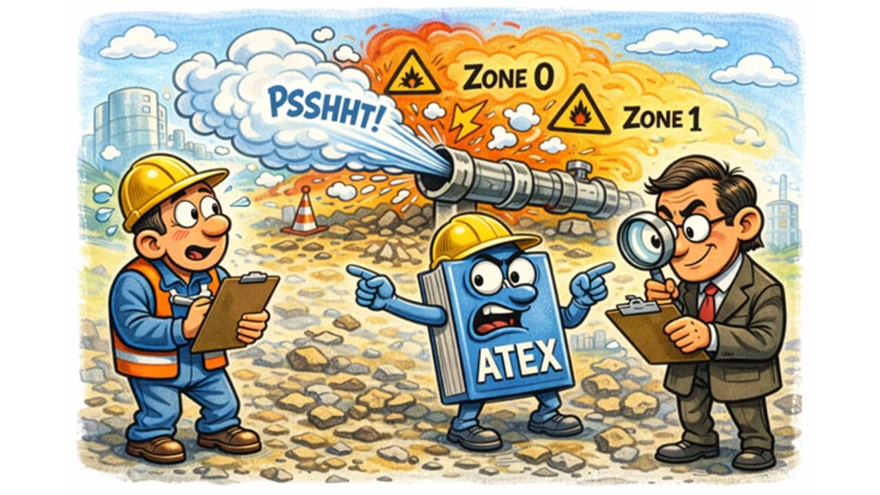 A cartoon of a worker, an inspector and an ATEX manual character beside a leaking pipe marked with explosive zones.