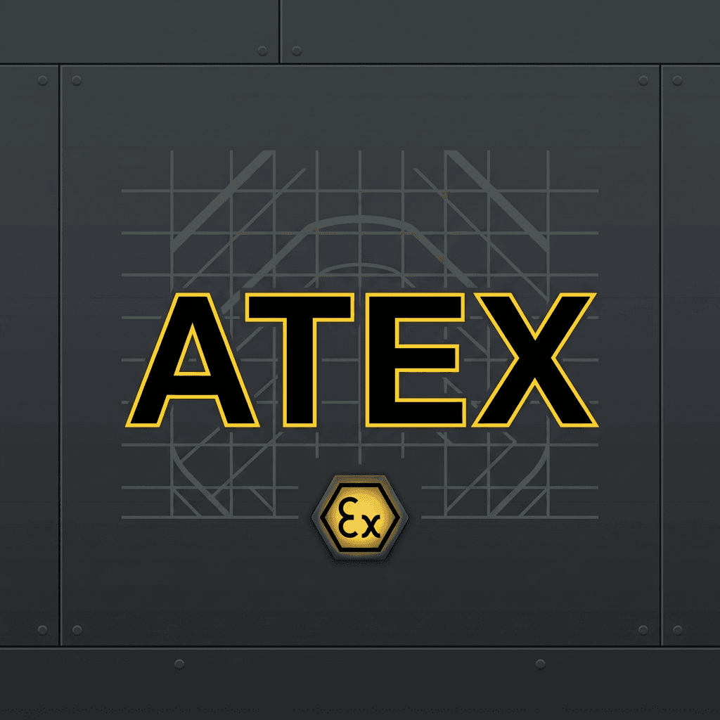 The word "ATEX" in yellow outlined letters on dark riveted metal plate, with the Ex hexagon symbol.