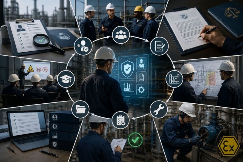 Infographic about the explosion protection competence process: training, documentation, inspection, maintenance and authorization management organized around a central digital system.