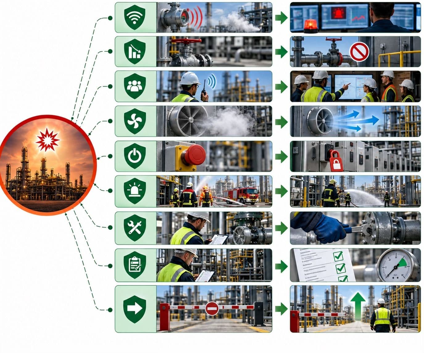 A diagram showing nine mitigating barriers branching from a central plant explosion, each pairing a safety icon with a response such as detection, isolation, ventilation, and emergency response.