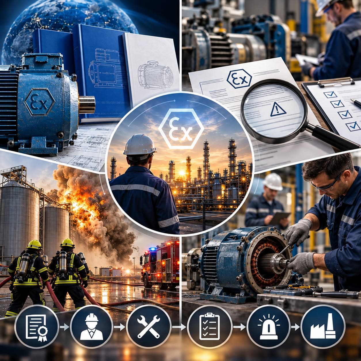 A collage on explosion protection showing Ex-marked equipment, standards documents, inspection, maintenance, a plant fire, and the compliance process steps around a central Ex symbol.