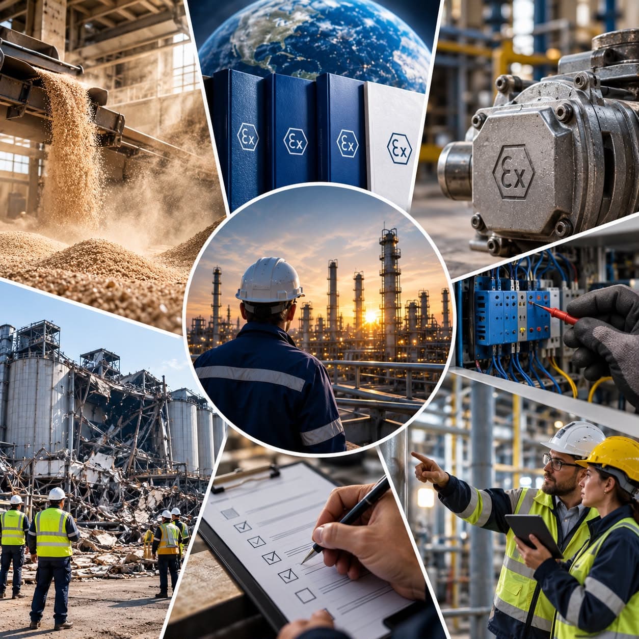 A collage on explosion protection showing combustible dust handling, ATEX manuals, Ex-marked equipment, electrical testing, a damaged plant, inspection checklists, and workers around a central refinery image.