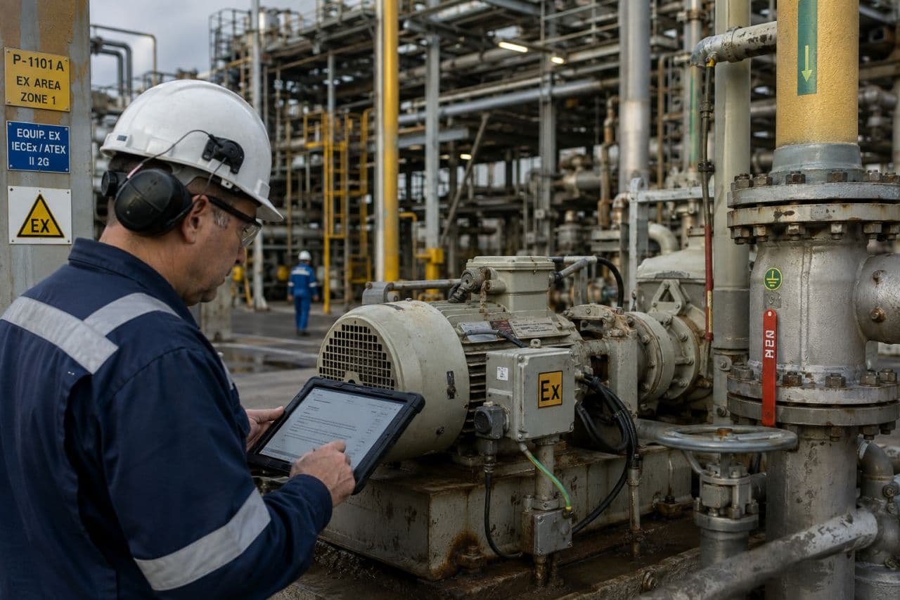 A worker with a tablet inspects an Ex-marked pump in a Zone 1 hazardous area at an industrial refinery.